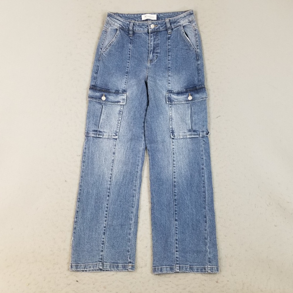 RE generation Jeans Women 7/28 Blue Cargo Straight Leg High Rise Utility Denim